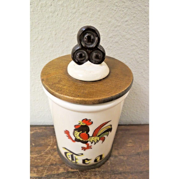 Metlox Poppytrail California Provincial Rooster Tea Canister W/ Wood Lid 5" VTG - Picture 3 of 5